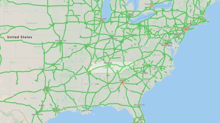 Traffic map of the eastern United States, highlighting Kansas, Oklahoma, Texas, and Louisiana, with some congested areas marked in orange and red.