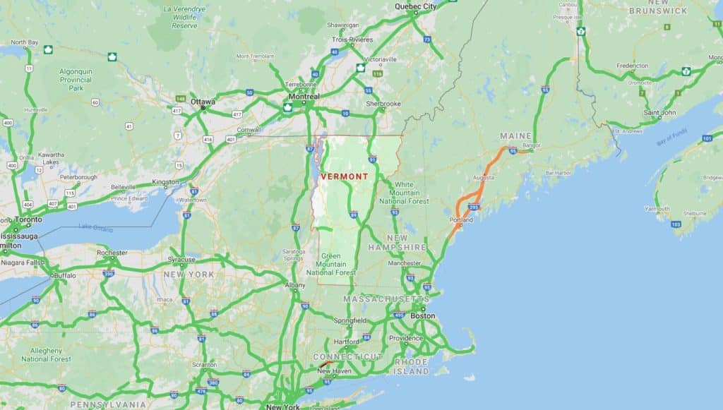 Road map showing highways between New York and Quebec, including states like Pennsylvania, Connecticut, Rhode Island, Massachusetts, New Hampshire, Vermont, and Canadian provinces.