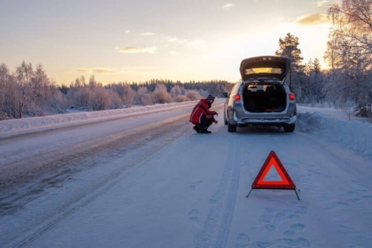 Broken on a snowy winter road.