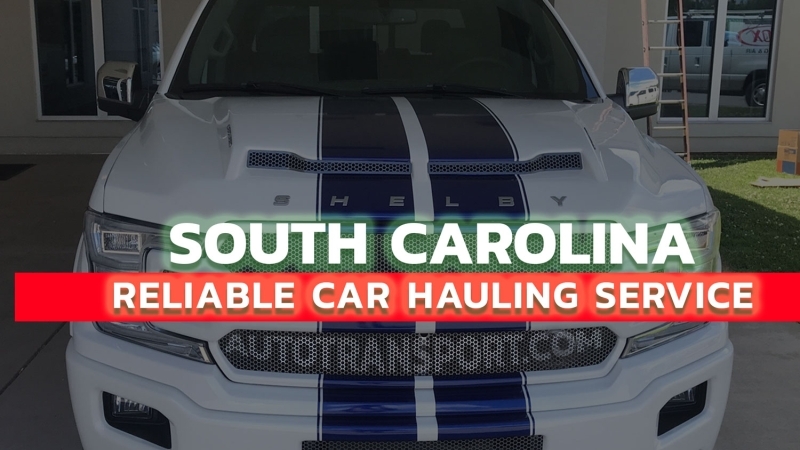 South Carolina reliable car hauling, shipping a 2025 Ford-150 Shelby, color white with blue stripes