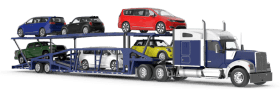 semi-tuck with cars on open trailer logo