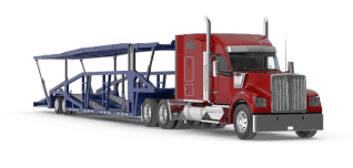 red semi-truck and open car trailer