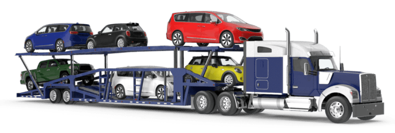 semi-tuck with cars on open trailer logo