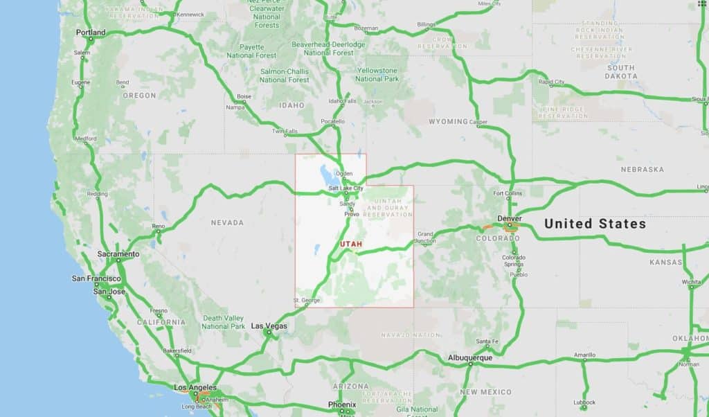 Map of Utah, with green lines representing roads, showing the state's location in relation to neighboring states.