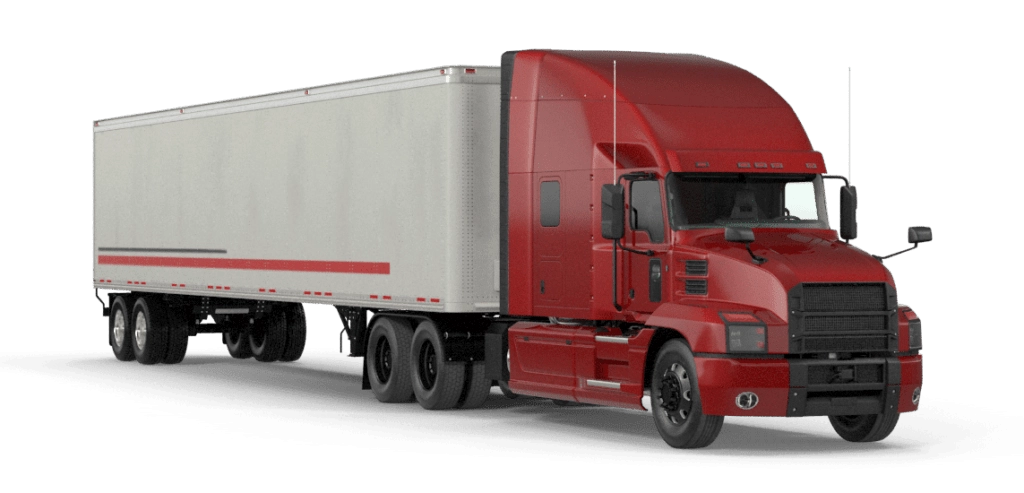 red semi-truck and closed trailer logo