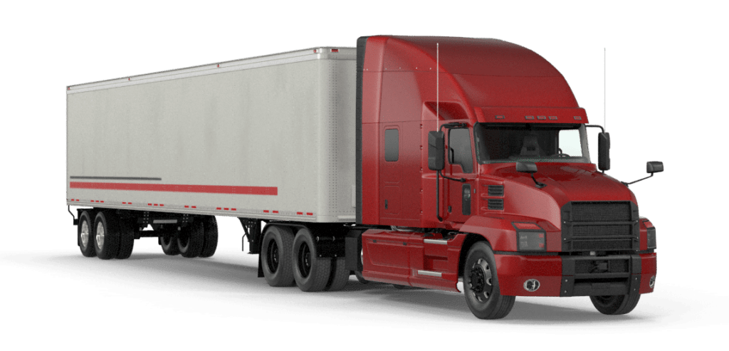 red semi-truck and closed trailer logo