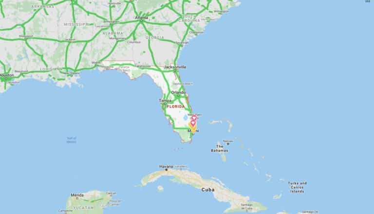 Map of Southeastern U.S. focusing on Florida, Cuba, and the Bahamas, highlighting cities and roads.