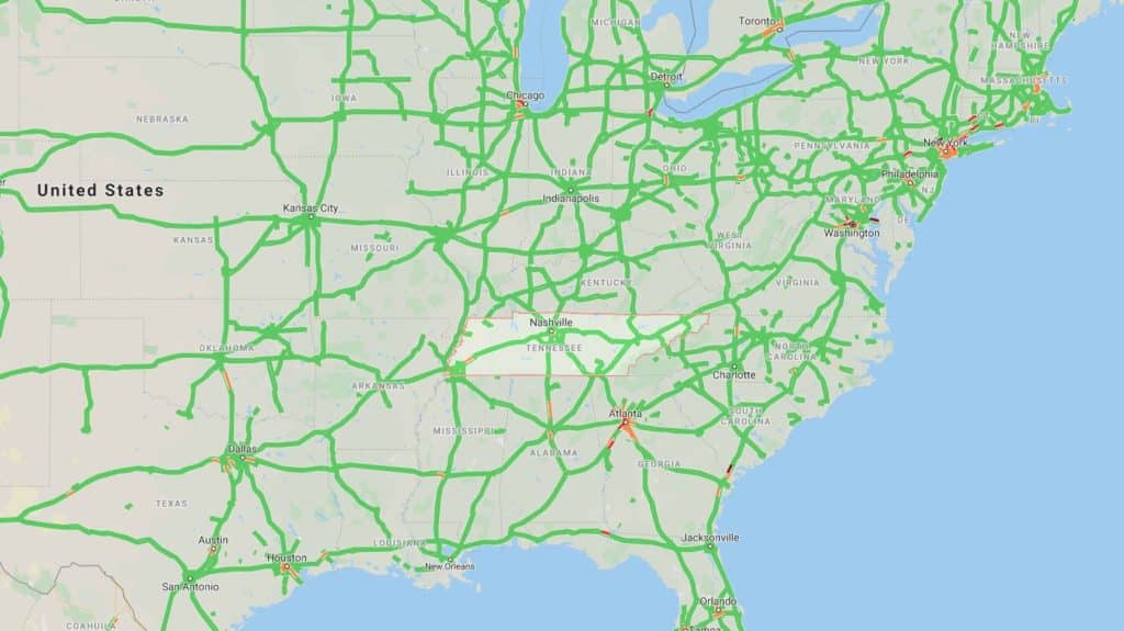 Traffic map of the eastern United States, highlighting Kansas, Oklahoma, Texas, and Louisiana, with some congested areas marked in orange and red.