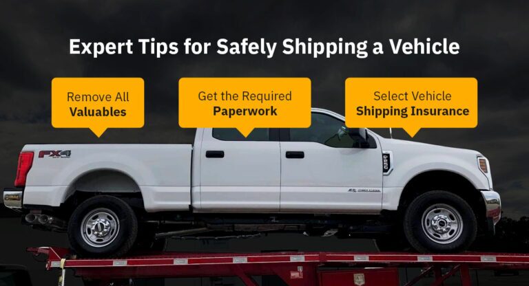 White truck on a trailer, with tips for safely shipping a vehicle.