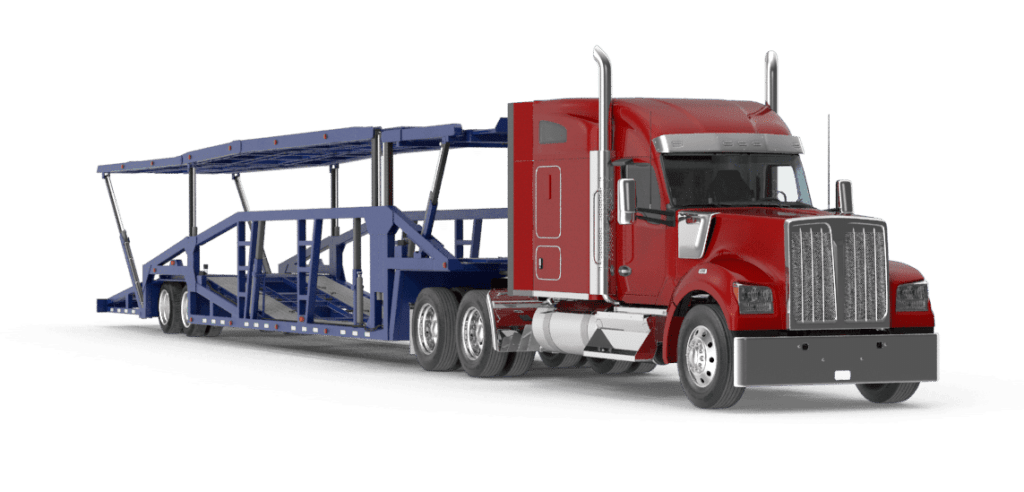red semi-truck and open car trailer