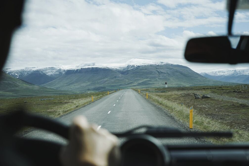 mountain view outside of front windshield of car