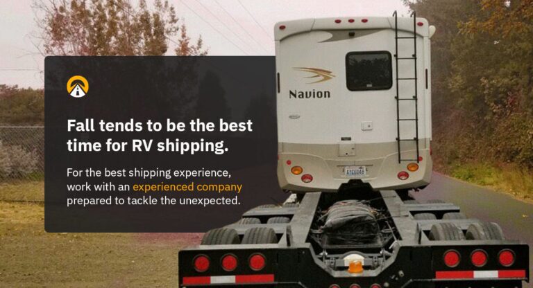 RV on a large black flatbed truck, with a text box stating, “Fall tends to be the best time for RV shipping.”