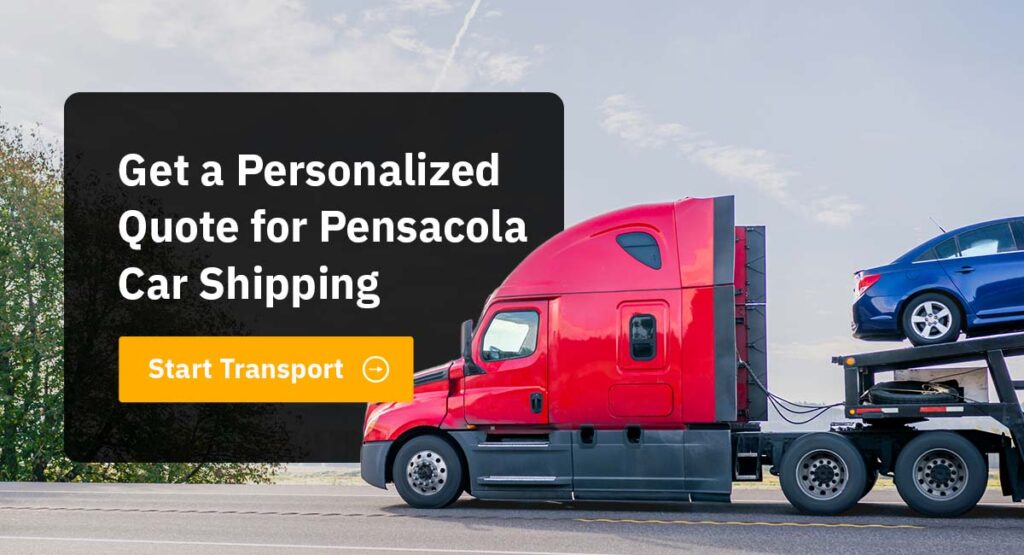Car carrier transporting a blue car with a red semi-truck, alongside text advertising a personalized quote for Pensacola car shipping.