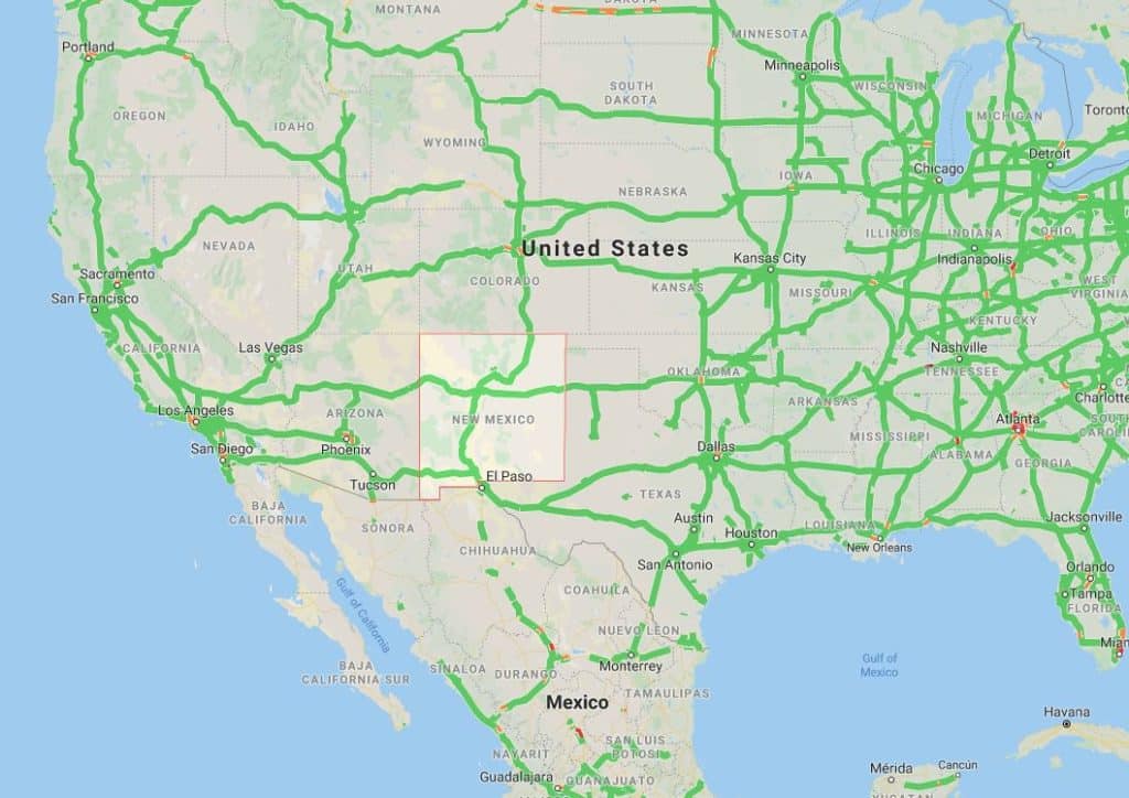 Map of the United States and Mexico showing major cities and highways.
