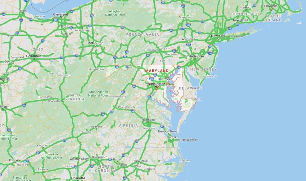 Map of the northeastern United States from North Carolina to Connecticut, showing major cities and highways.