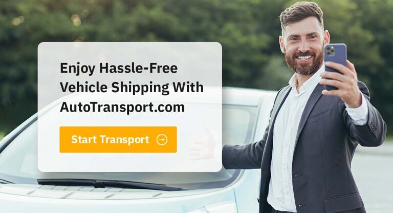 Smiling man taking a selfie next to a car, promoting hassle-free vehicle shipping with