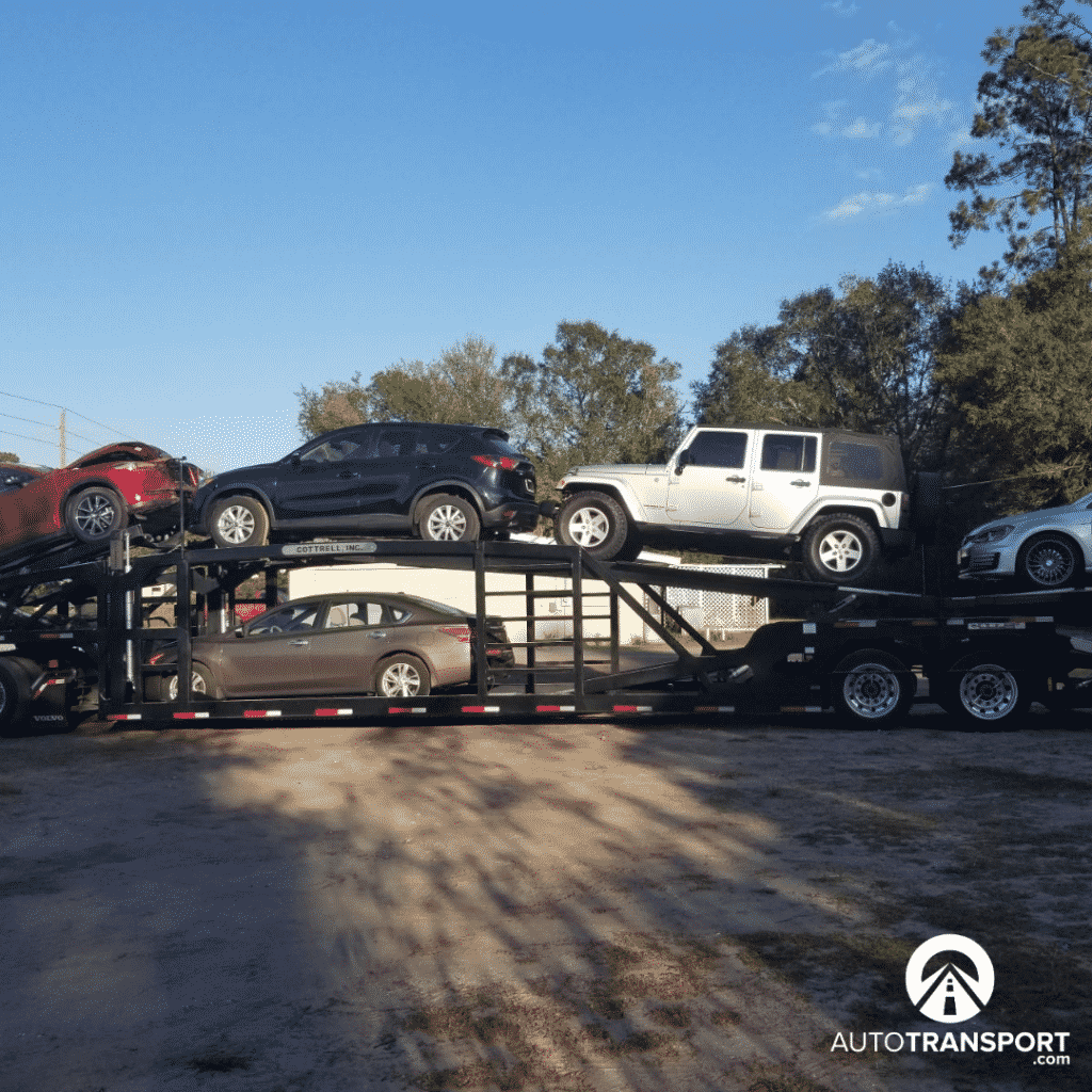 multiple vehicles on open trailer with auto transport logo