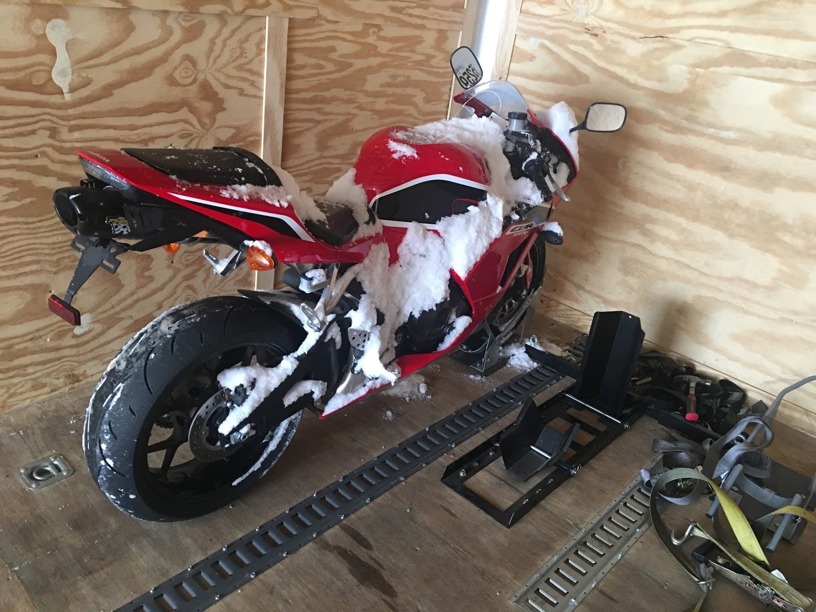 honda cbr 600 motorcycle in transport trailer