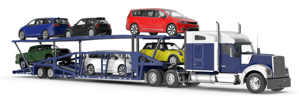 semi-tuck with cars on open trailer logo