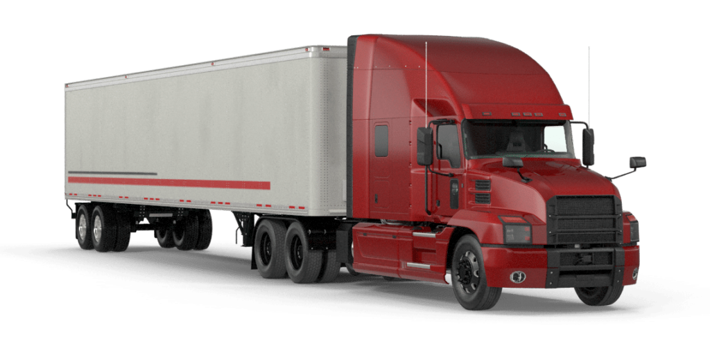 red semi-truck and closed trailer logo