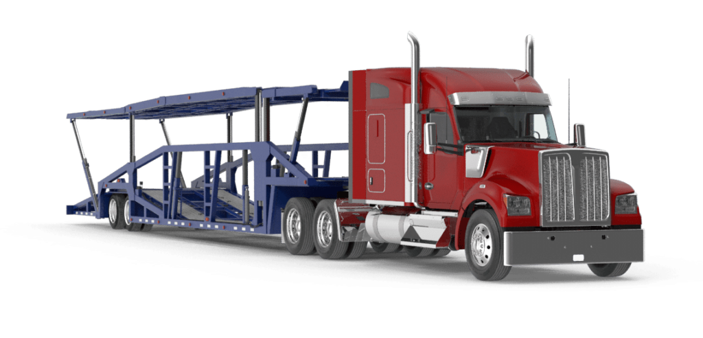 red semi-truck and open car trailer